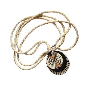 30" Puka Shell Bead Tribal Necklace Large Layred Wood Disc Pendant